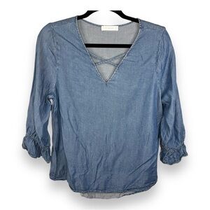 Medium Retrology Blue Lyocell Peasant Top Boho Lightweight  V Neck